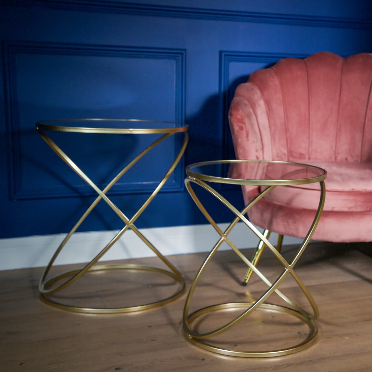Set of 2 Gold Criss Cross Tables with Glass Top