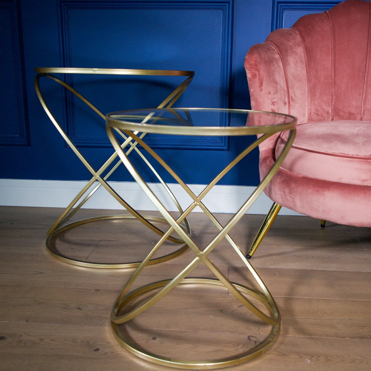 Set of 2 Gold Criss Cross Tables with Glass Top - Image 2