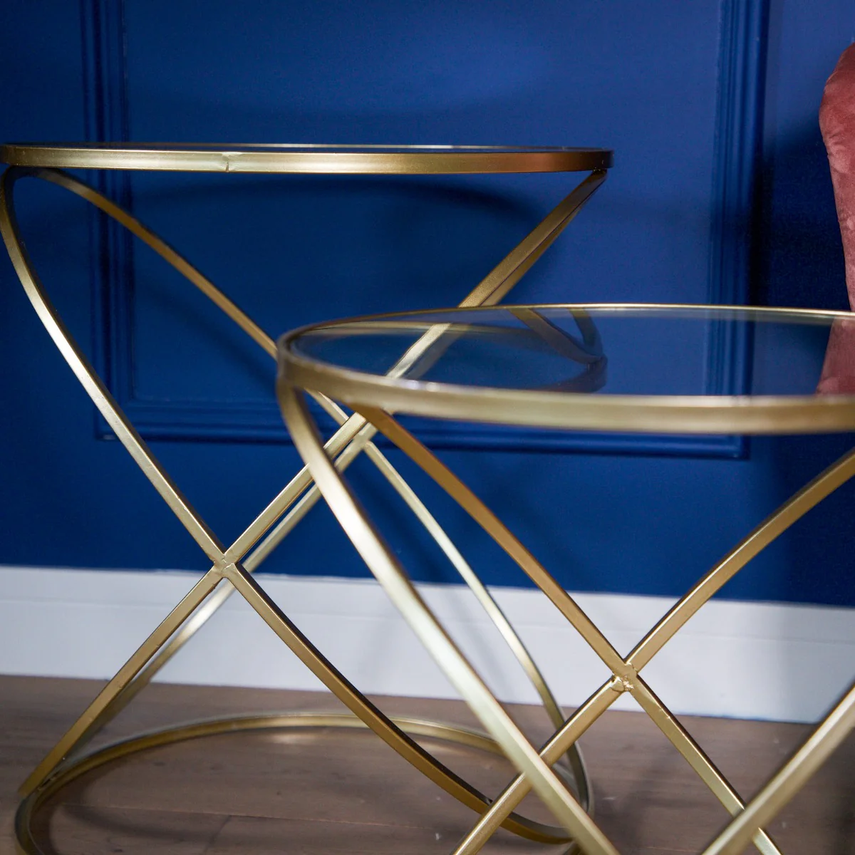 Set of 2 Gold Criss Cross Tables with Glass Top - Image 3