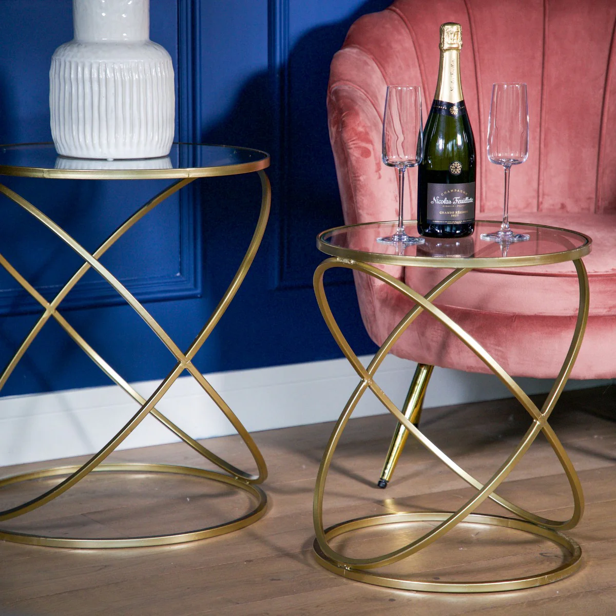 Set of 2 Gold Criss Cross Tables with Glass Top - Image 4