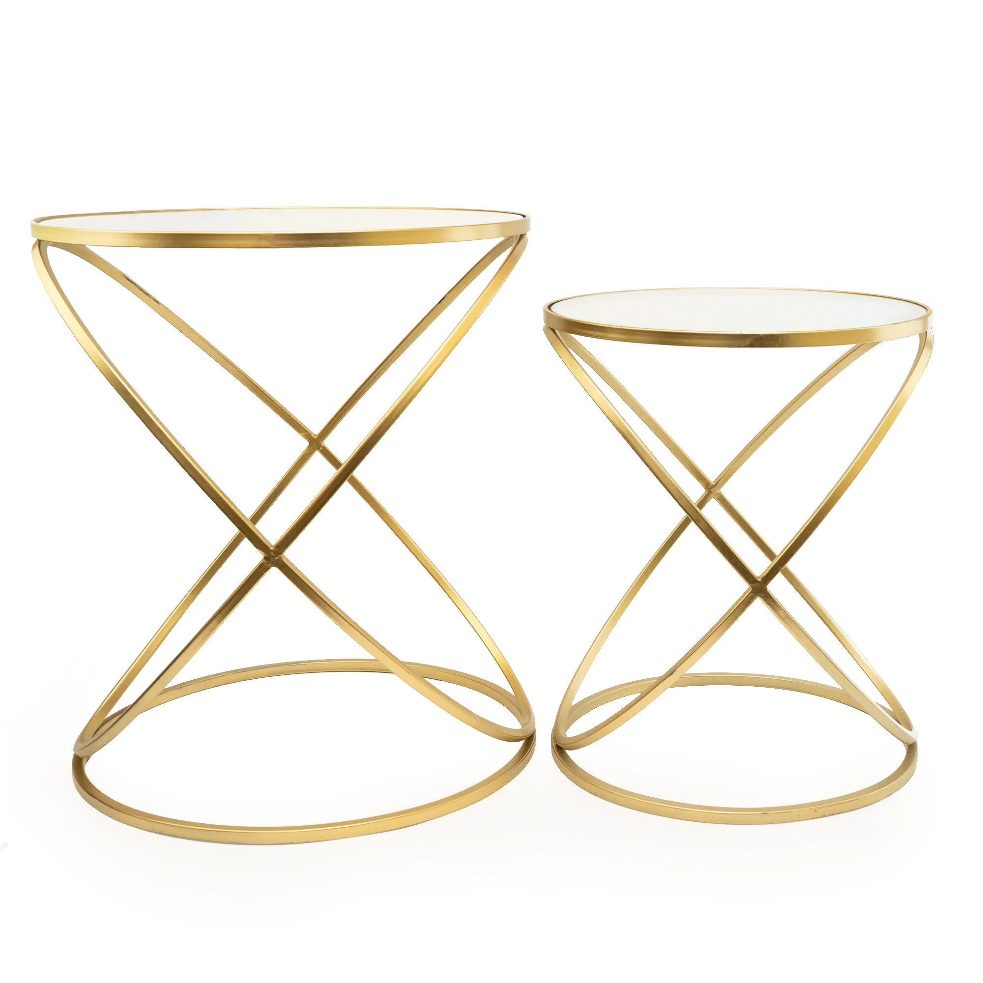 Set of 2 Gold Criss Cross Tables with Glass Top - Image 6