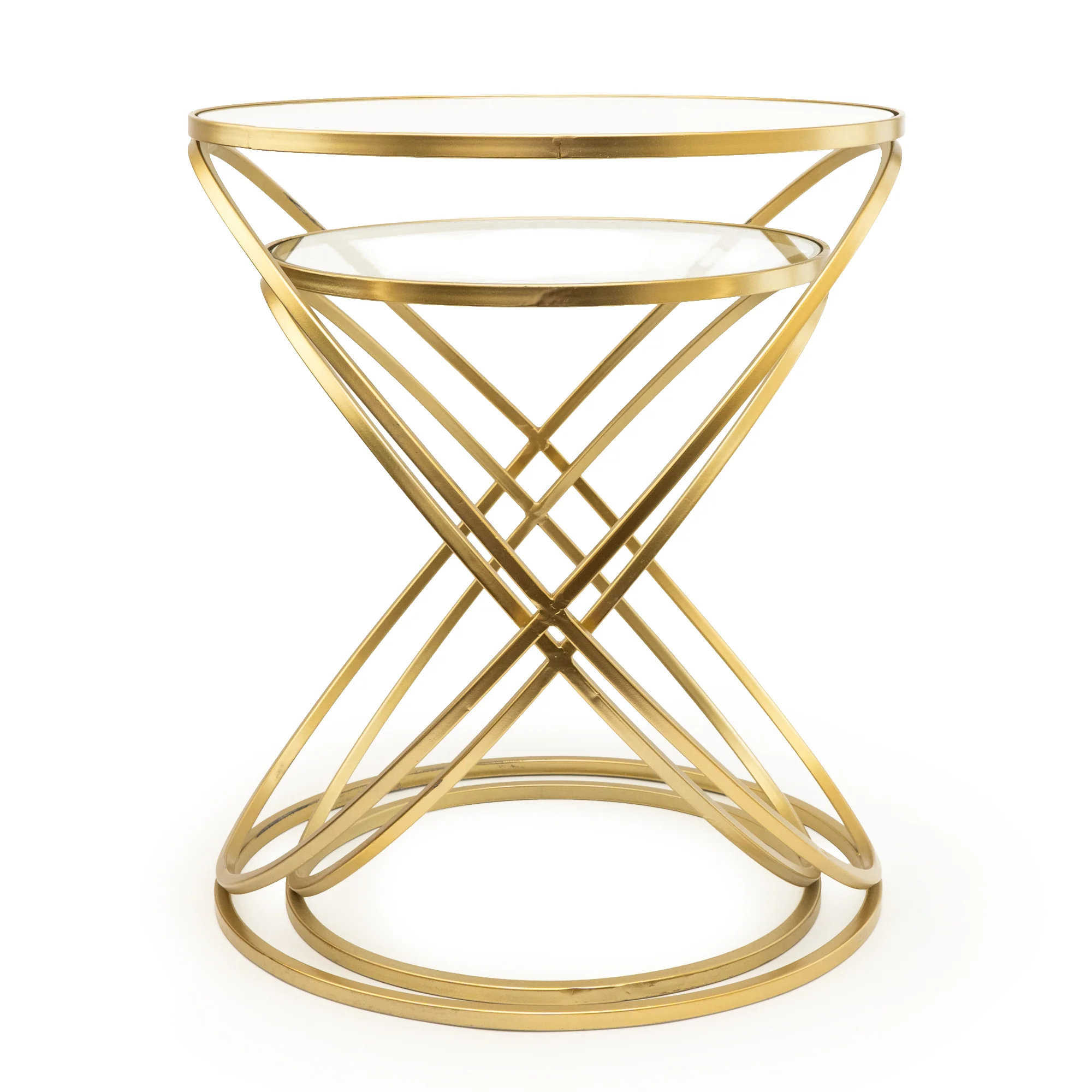 Set of 2 Gold Criss Cross Tables with Glass Top - Image 7