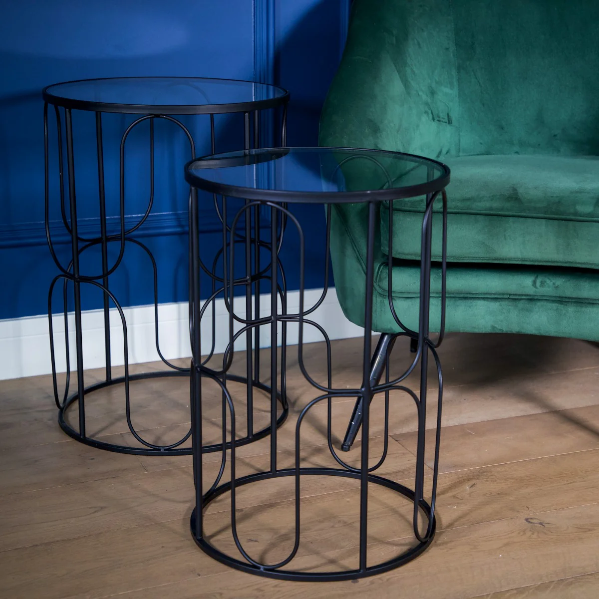 Set of 2 Black Wavy Wire Tables with Glass Top - Image 2
