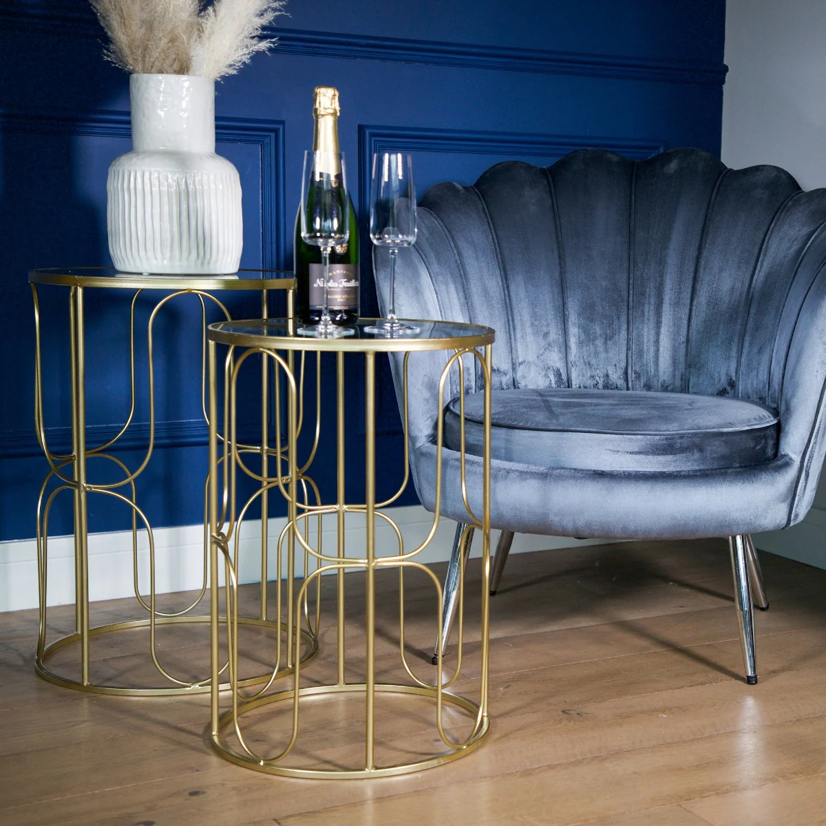 Set of 2 Gold Wavy Wire Tables with Glass Top