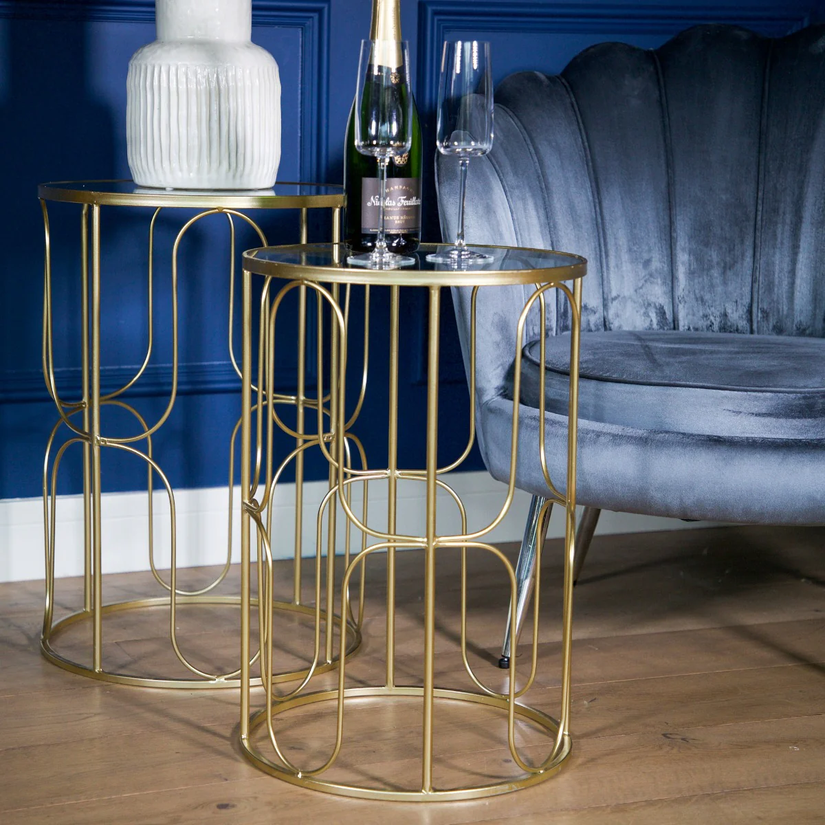 Set of 2 Gold Wavy Wire Tables with Glass Top - Image 2