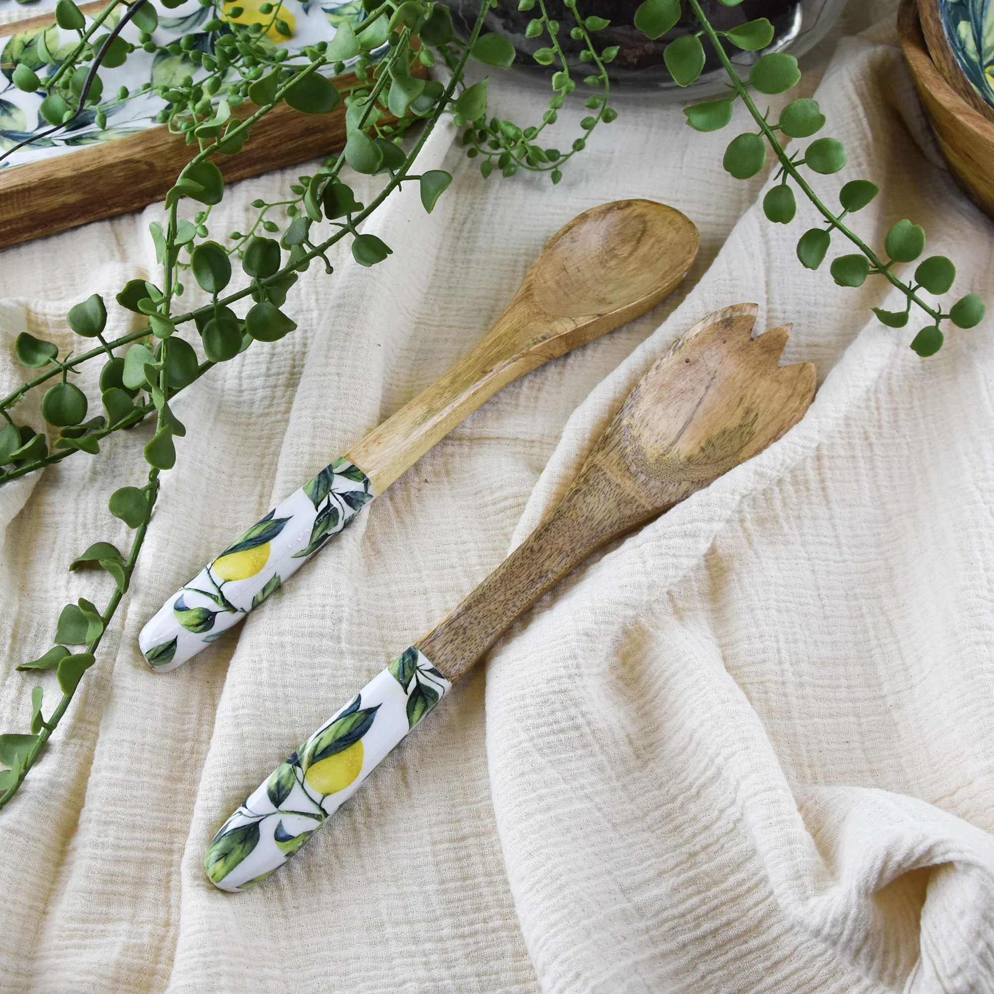 Set Of 2 Wooden Fork/Spoon With Enamel Inlay - Image 2