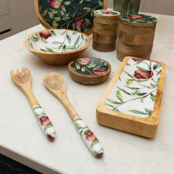 Set of 2 Wooden Fork/Spoon with Enamel Inlay Pomegranate - White - Image 2