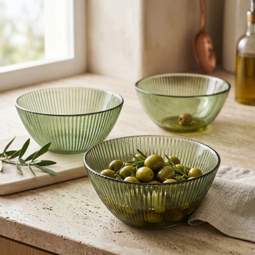 Elegant Olive Ridged Glass Bowl- Set of 3
