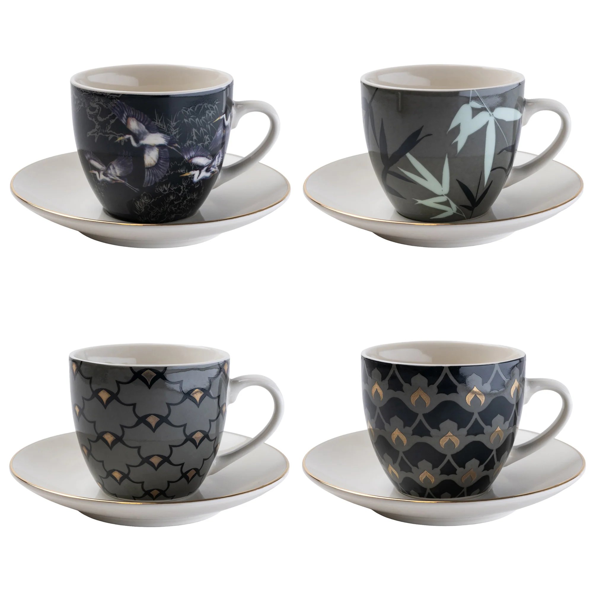 Set of Four Purple and White Patterned Teacups and White Saucers - Image 2