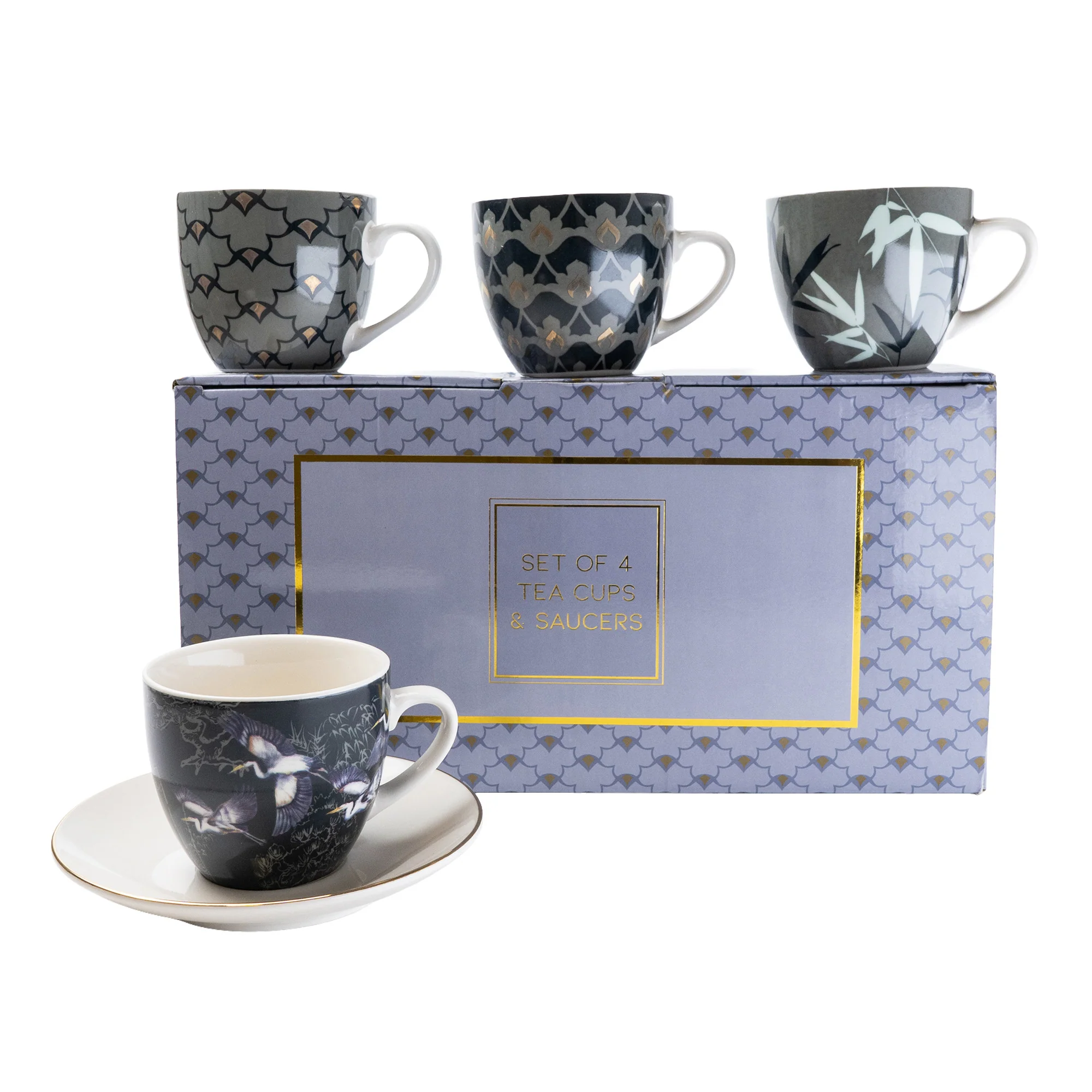 Set of Four Purple and White Patterned Teacups and White Saucers - Image 4