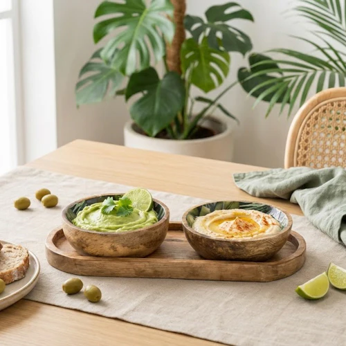 Set Of Small Mango Wood "Bali Whirl" Dipping Bowls on Tray