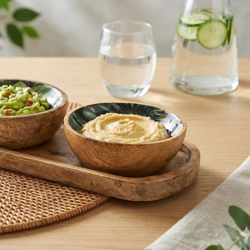 Set Of Small Mango Wood "Bali Whirl" Dipping Bowls on Tray - Image 2