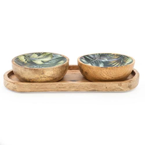 Set Of Small Mango Wood "Bali Whirl" Dipping Bowls on Tray - Image 3