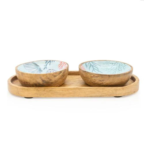 Set Of Small Mango Wood "Coastal Shores" Dipping Bowls on Tray
