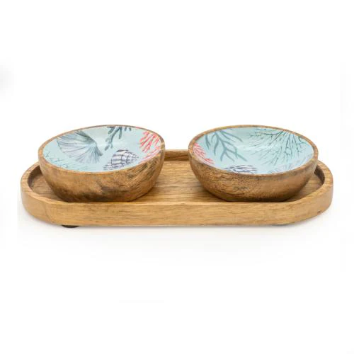 Set Of Small Mango Wood "Coastal Shores" Dipping Bowls on Tray - Image 2