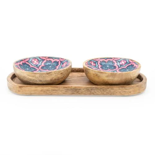 Set Of Small Mango Wood "Moroccan Cloves" Dipping Bowls On Tray