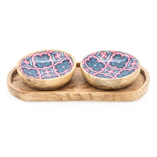 Set Of Small Mango Wood "Moroccan Cloves" Dipping Bowls On Tray - Image 2