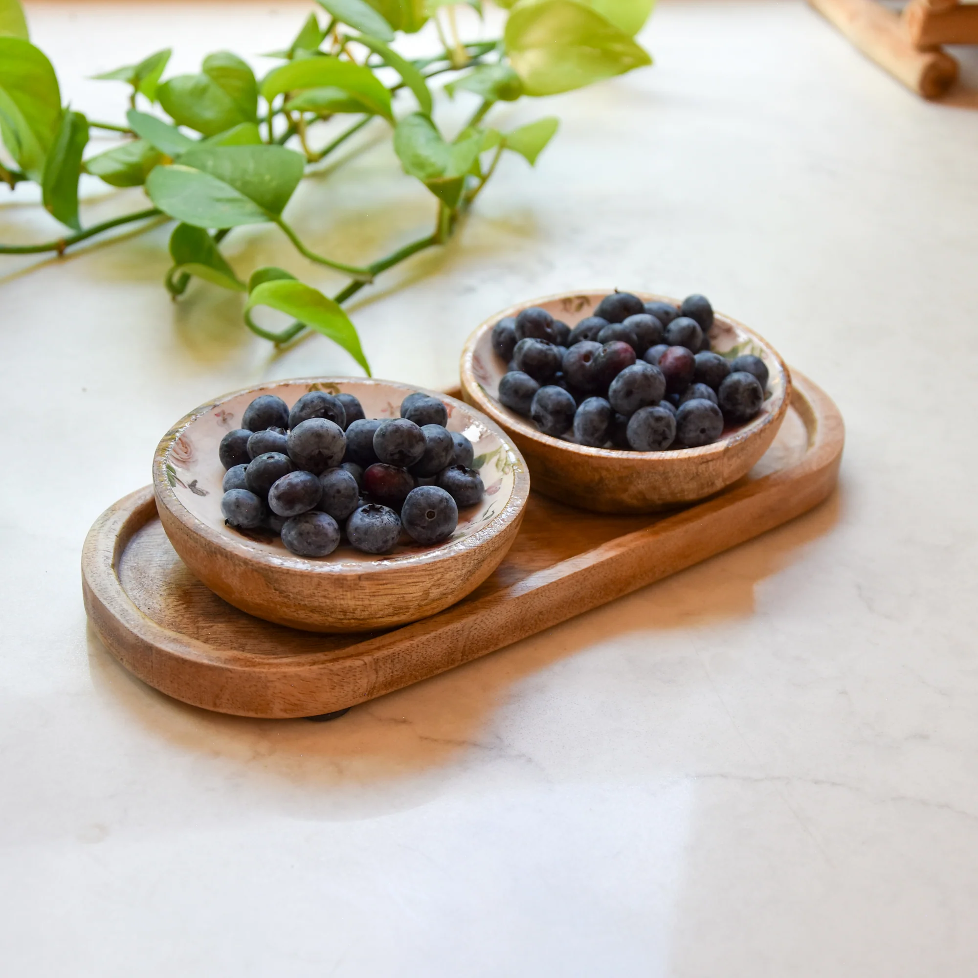 Set Of Small Mango Wood "Provence Blossom" Dipping Bowls on Tray - Image 2