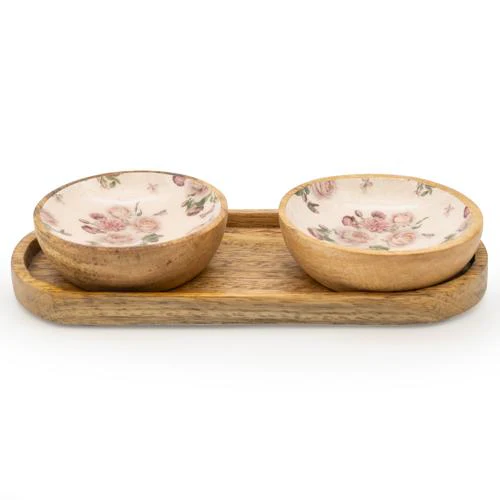 Set Of Small Mango Wood "Provence Blossom" Dipping Bowls on Tray - Image 4
