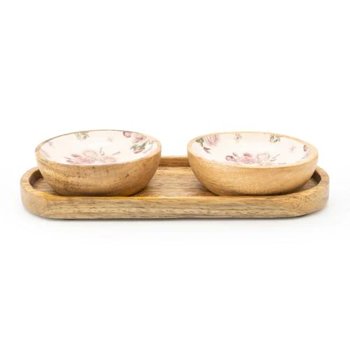 Set Of Small Mango Wood "Provence Blossom" Dipping Bowls on Tray - Image 5