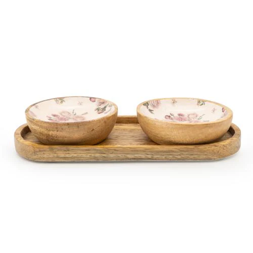 Set Of Small Mango Wood "Provence Blossom" Dipping Bowls on Tray - Image 6