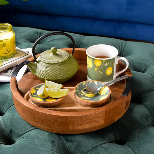 Set Of Small Mango Wood "Sicilian Orchard" Dipping Bowls on Tray