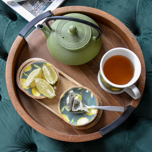 Set Of Small Mango Wood "Sicilian Orchard" Dipping Bowls on Tray - Image 2