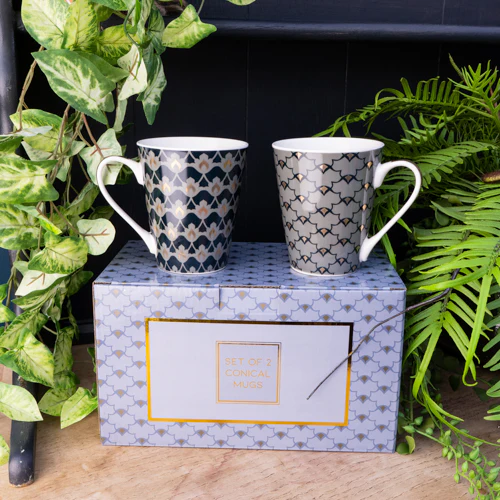 Set of Two Black Grey Victorian Mugs with White Gold Handles - Image 2
