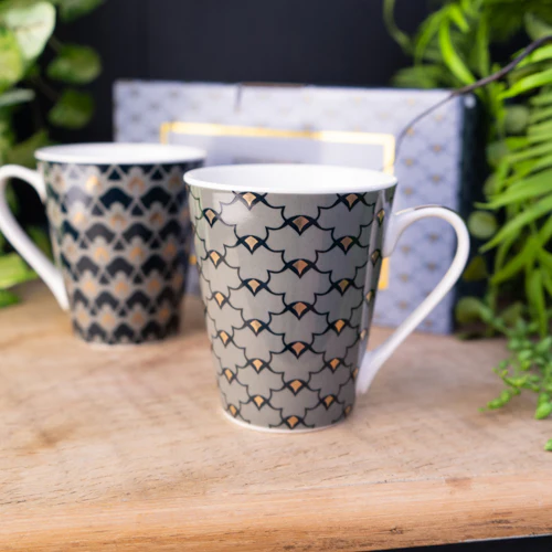 Set of Two Black Grey Victorian Mugs with White Gold Handles - Image 3