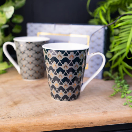 Set of Two Black Grey Victorian Mugs with White Gold Handles - Image 4