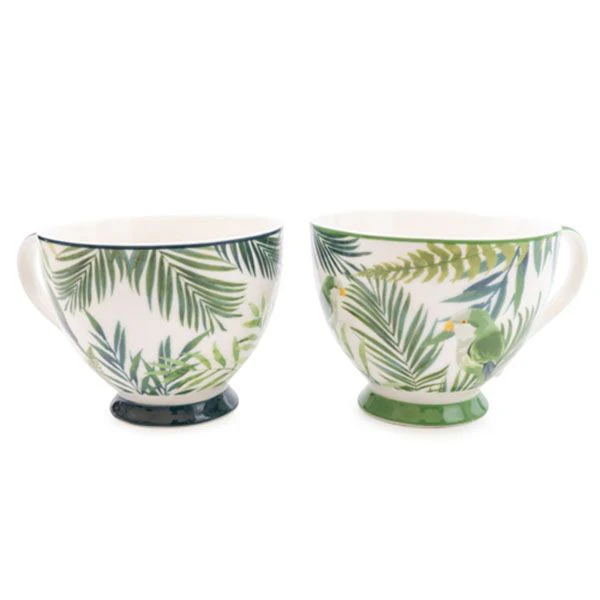 Set of Two Emerald Green Eden Decal Footed Mugs with a White and Green Handle - Image 2