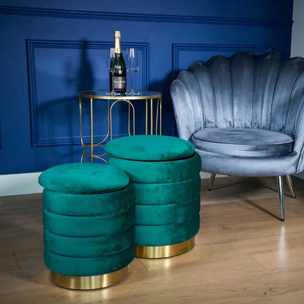 Set of Two Emerald Green Ottoman Stools with Gold Bases
