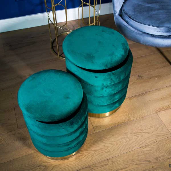 Set of Two Emerald Green Ottoman Stools with Gold Bases - Image 2