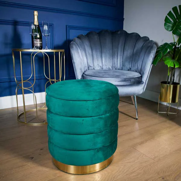 Set of Two Emerald Green Ottoman Stools with Gold Bases - Image 4
