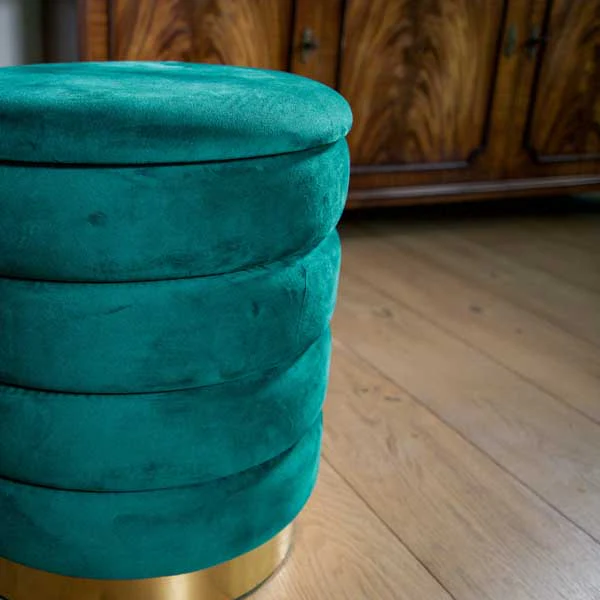 Set of Two Emerald Green Ottoman Stools with Gold Bases - Image 5