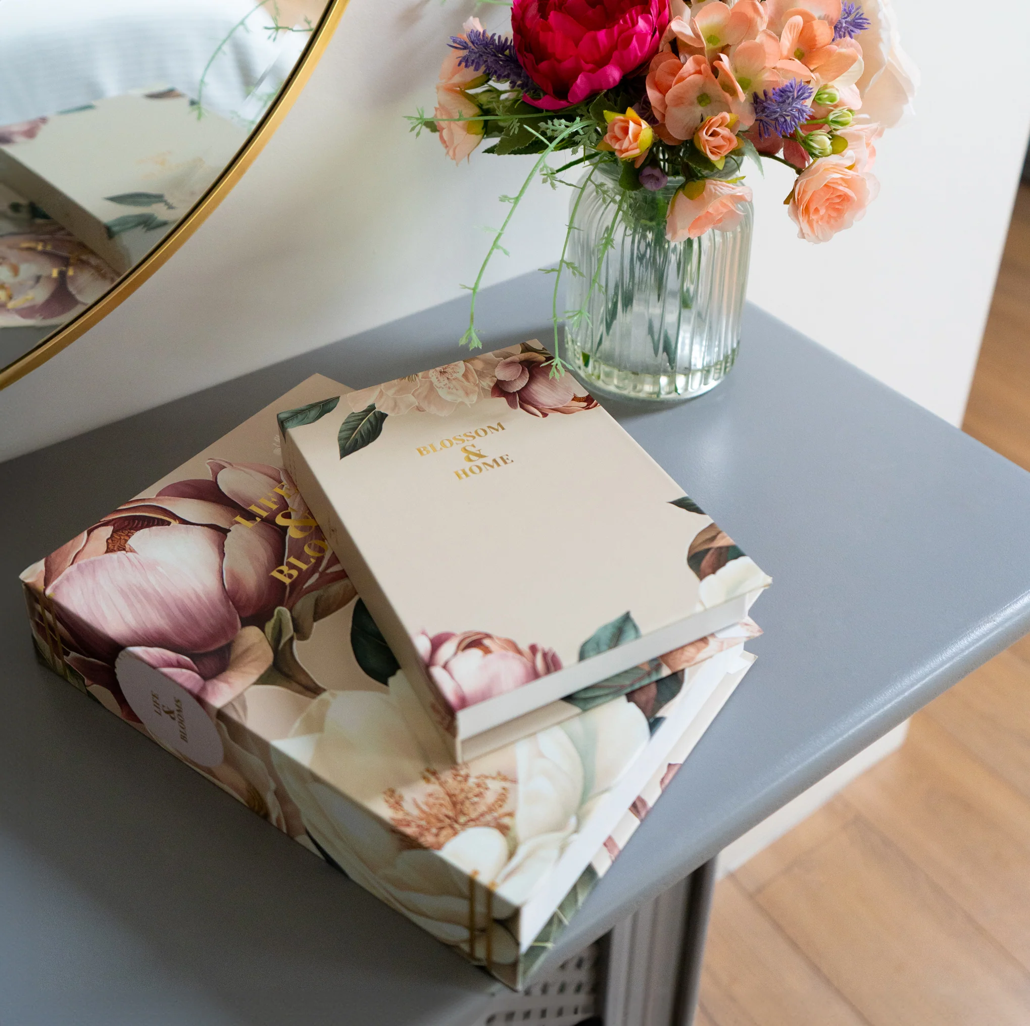 Set of Two Faux Storage Boxes - Oversized Floral Pink