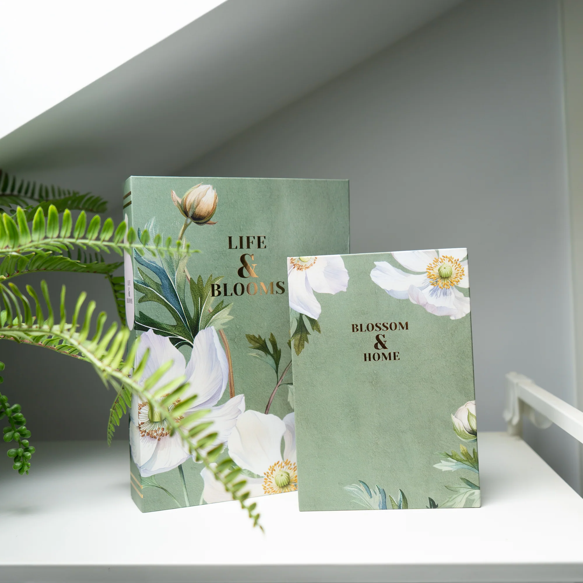 Set of Two Oversized Florals Green Faux Storage Boxes