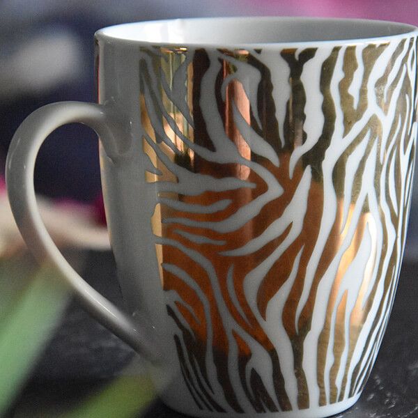 Set of Two Gold and White Zebra Print Mugs with White Handles