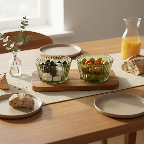Set of Two Green Glass Dishes with Wooden Tray