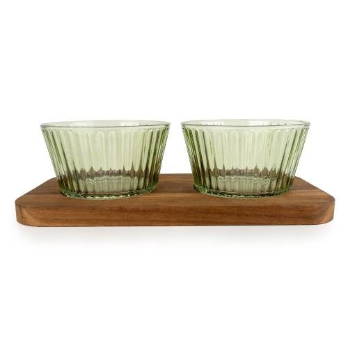 Set of Two Green Glass Dishes with Wooden Tray - Image 2