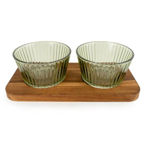 Set of Two Green Glass Dishes with Wooden Tray - Image 3