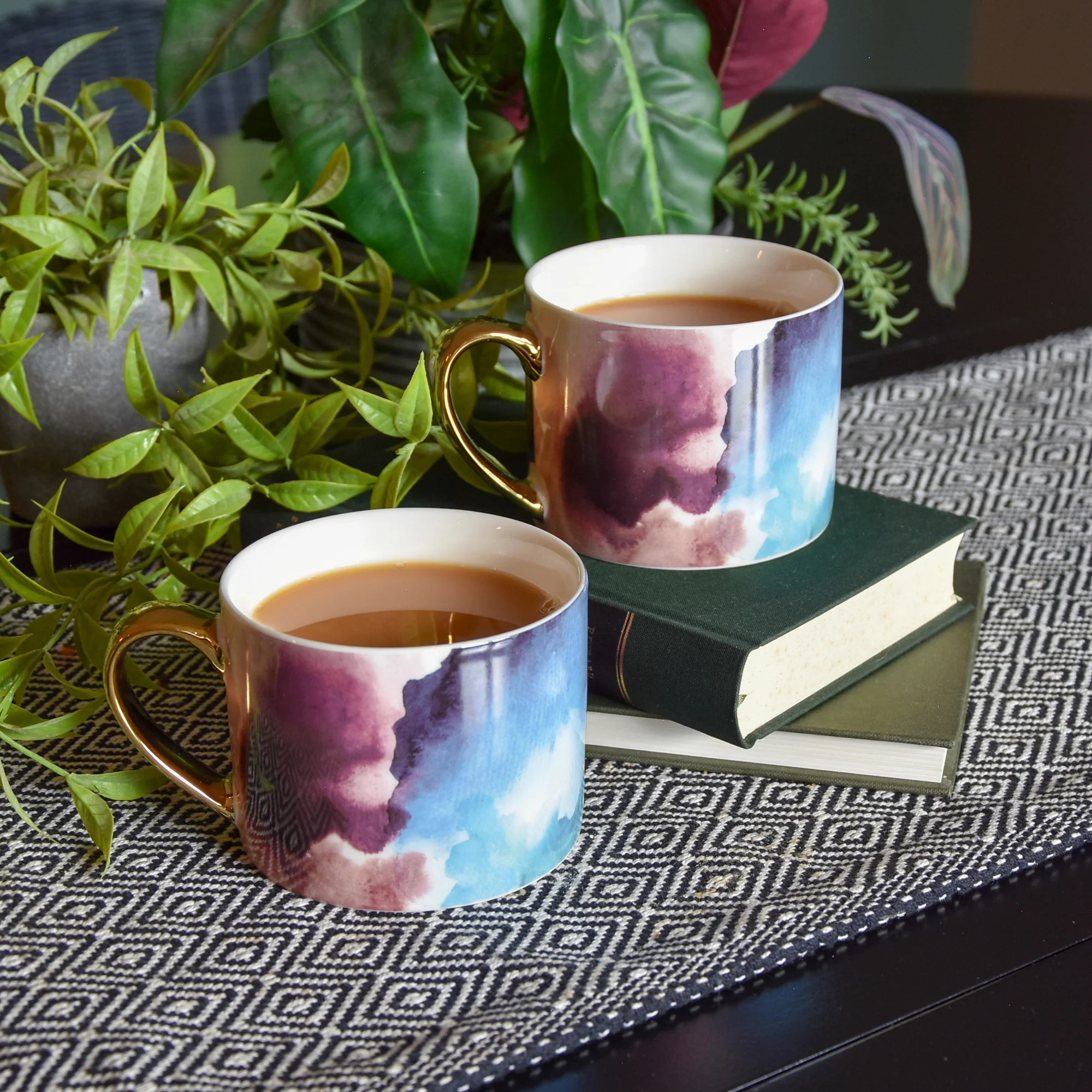 Set of Two Watercolour Design Mugs in Gold Handles