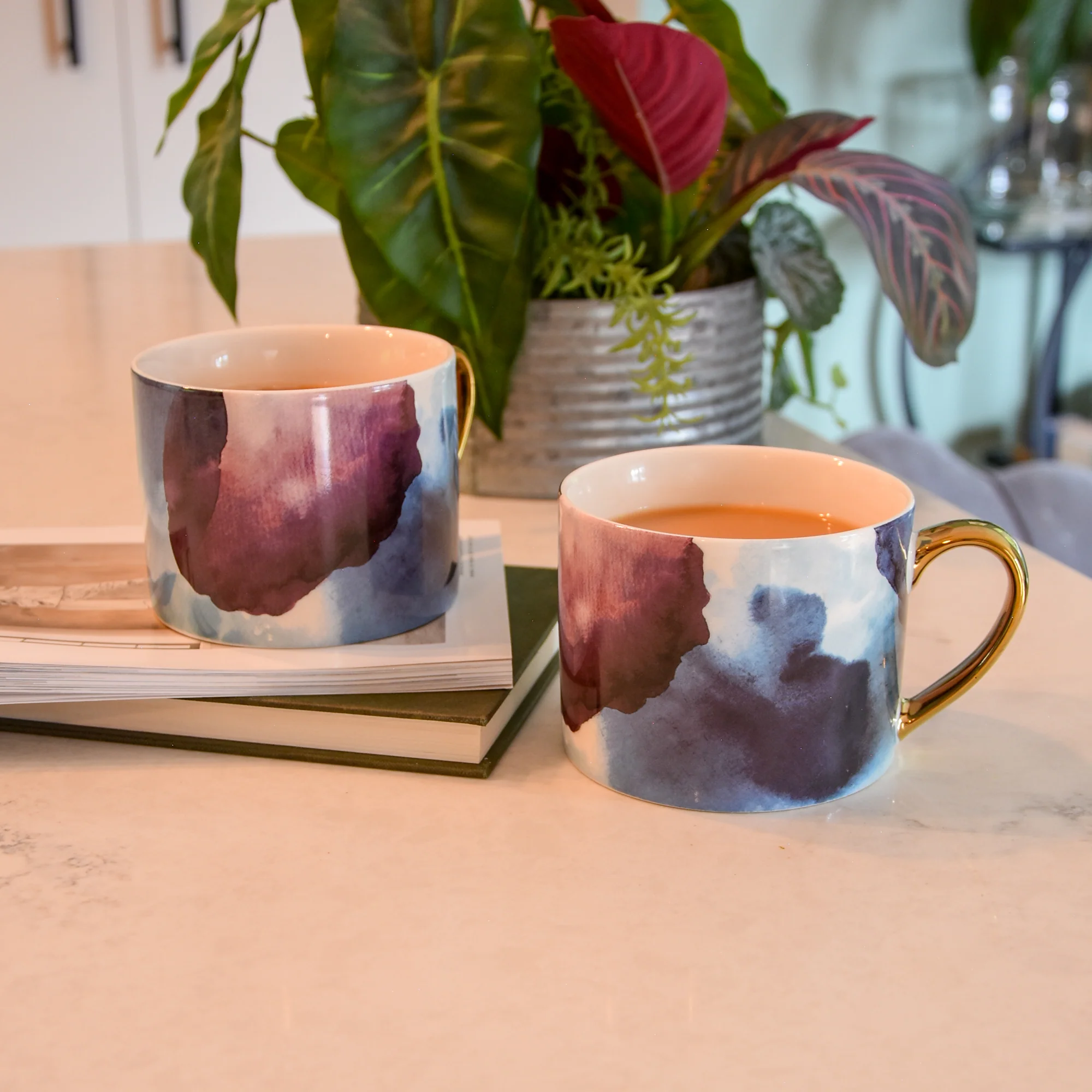 Set of Two Watercolour Design Mugs in Gold Handles - Image 4
