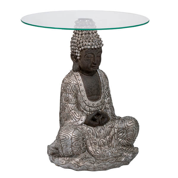 Silver Sitting Buddha Side Table with a Clear Glass Top - Image 2