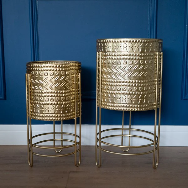 Luxurious Small Gold Embossed Metal Planter with Stand
