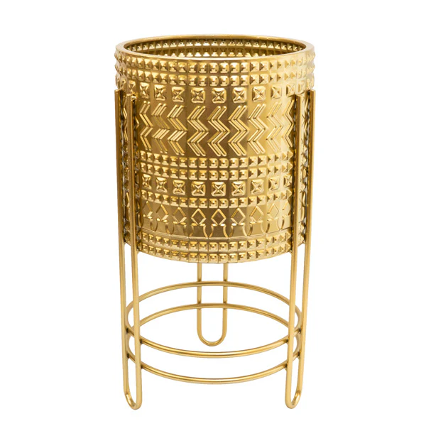 Luxurious Small Gold Embossed Metal Planter with Stand - Image 2