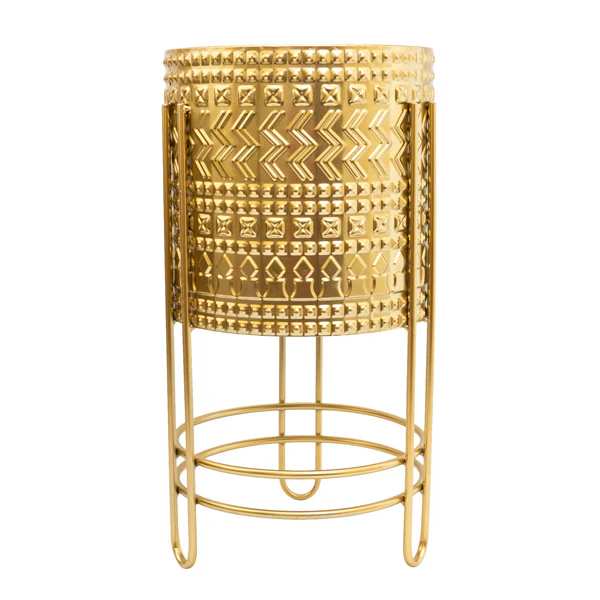Luxurious Small Gold Embossed Metal Planter with Stand - Image 3