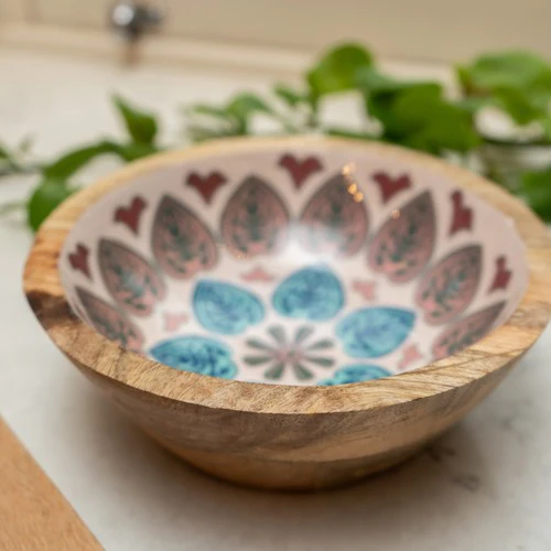 Small Mango Wood Bowl with Meze Enamel Interior - Image 4