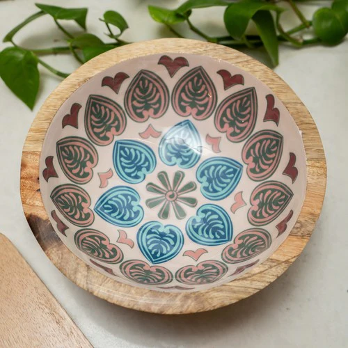 Small Mango Wood Bowl with Meze Enamel Interior - Image 5