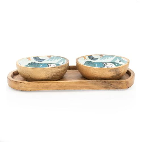 Small Mango Wood Siam Guava Dipping Bowls on Tray - Image 2